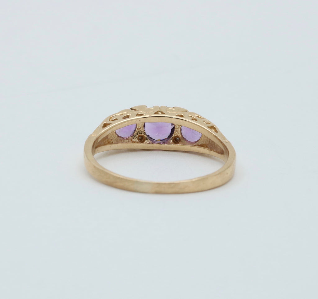 Victorian 14K Yellow Gold Three Stones Amethyst & Diamond Ring