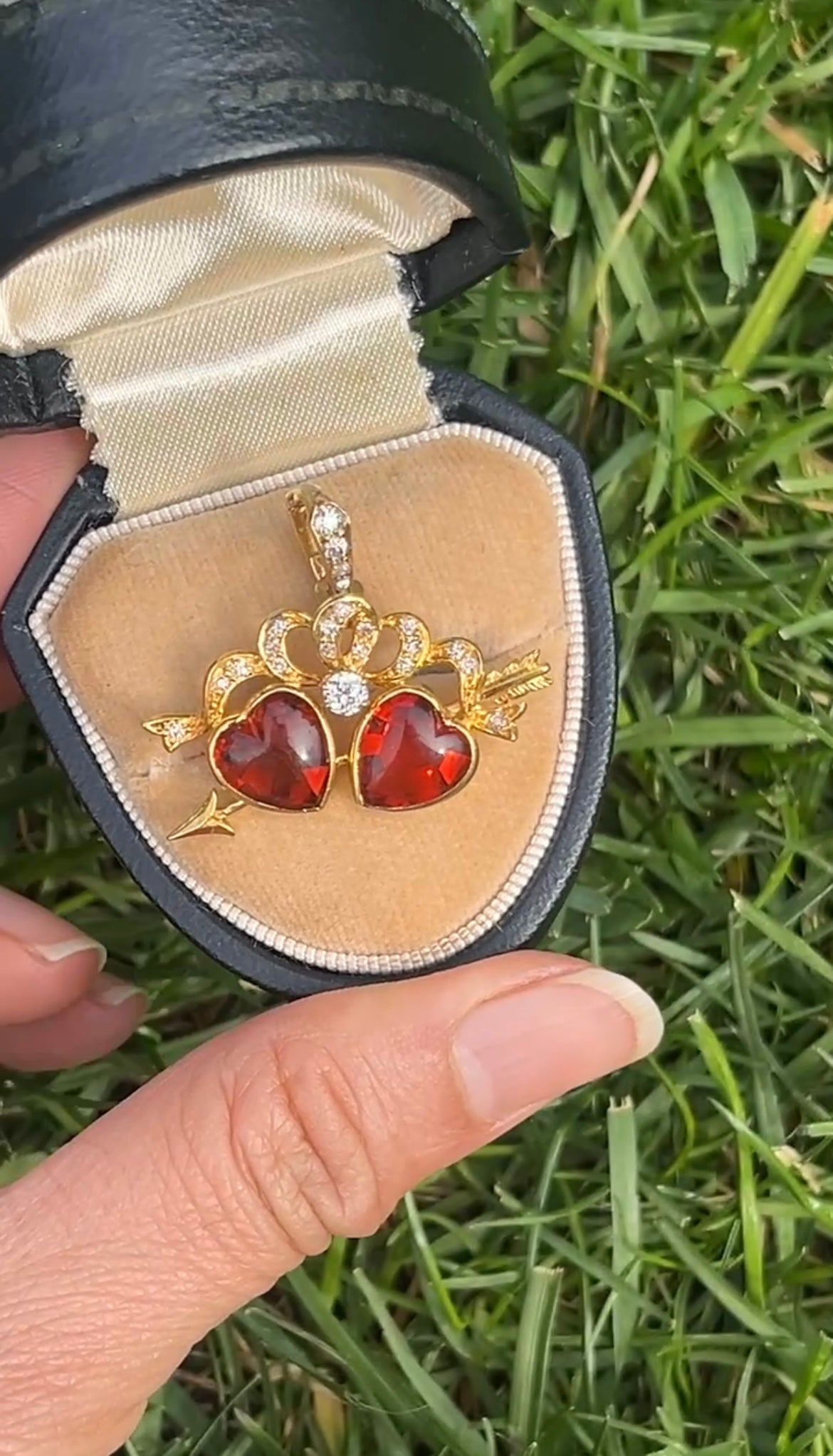Antique 18K Yellow Gold Two Heart Citrine Diamond Pendant