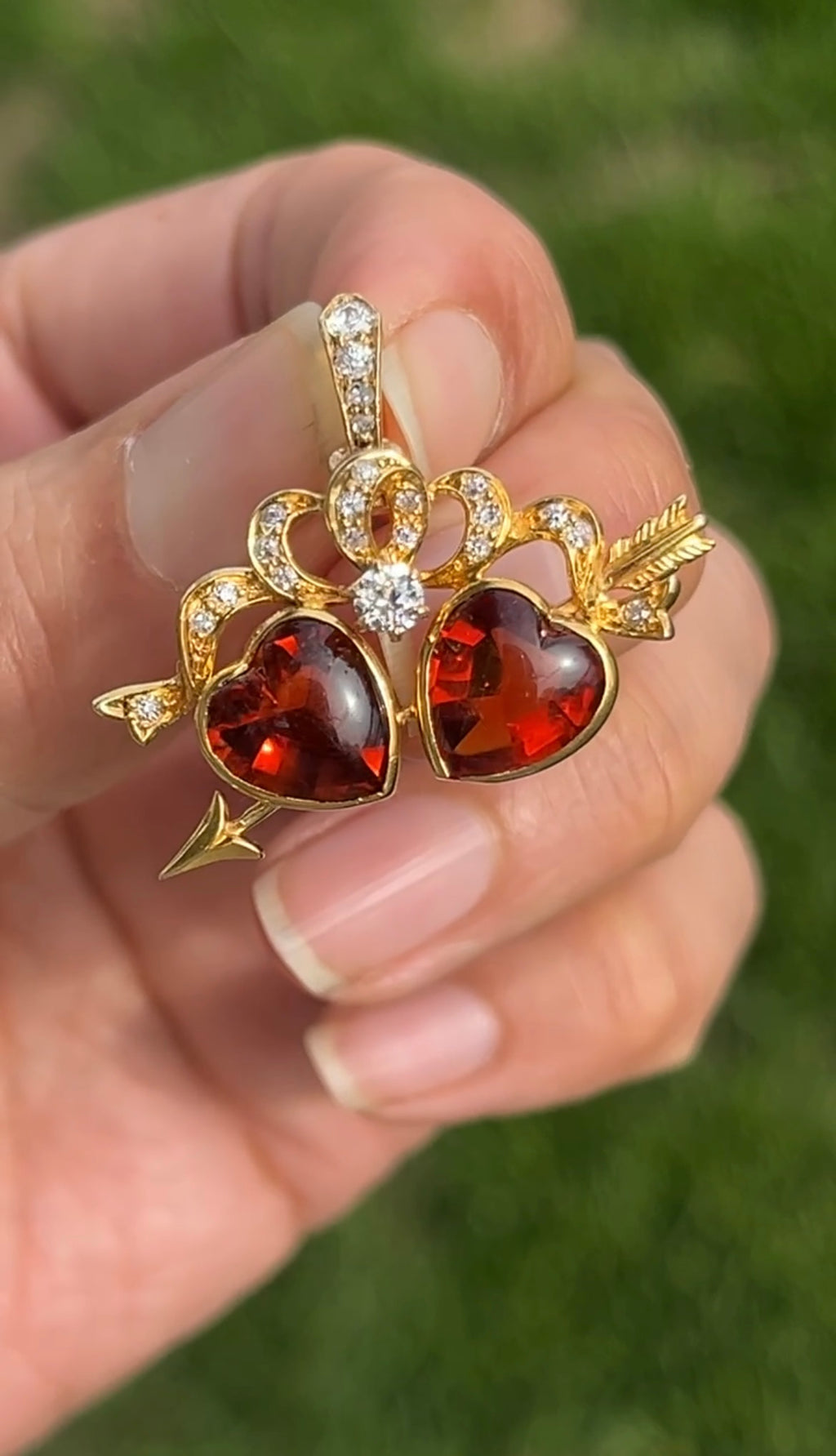 Antique 18K Yellow Gold Two Heart Citrine Diamond Pendant