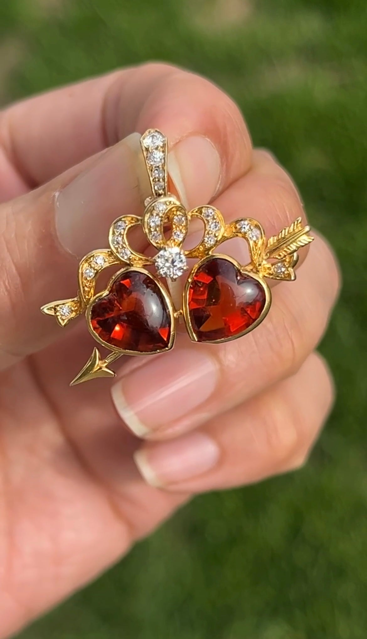 Antique 18K Yellow Gold Two Heart Citrine Diamond Pendant