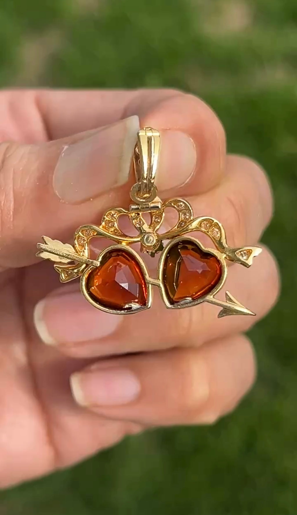 Antique 18K Yellow Gold Two Heart Citrine Diamond Pendant