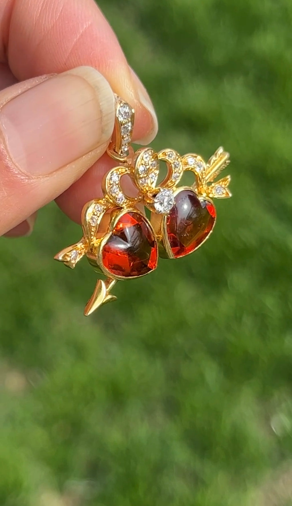 Antique 18K Yellow Gold Two Heart Citrine Diamond Pendant
