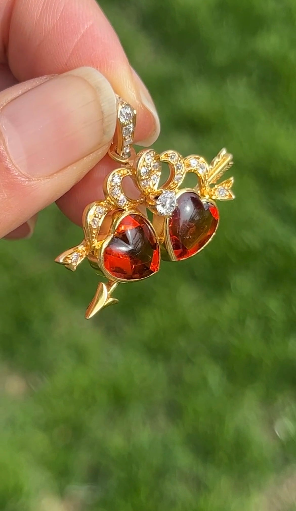 Antique 18K Yellow Gold Two Heart Citrine Diamond Pendant