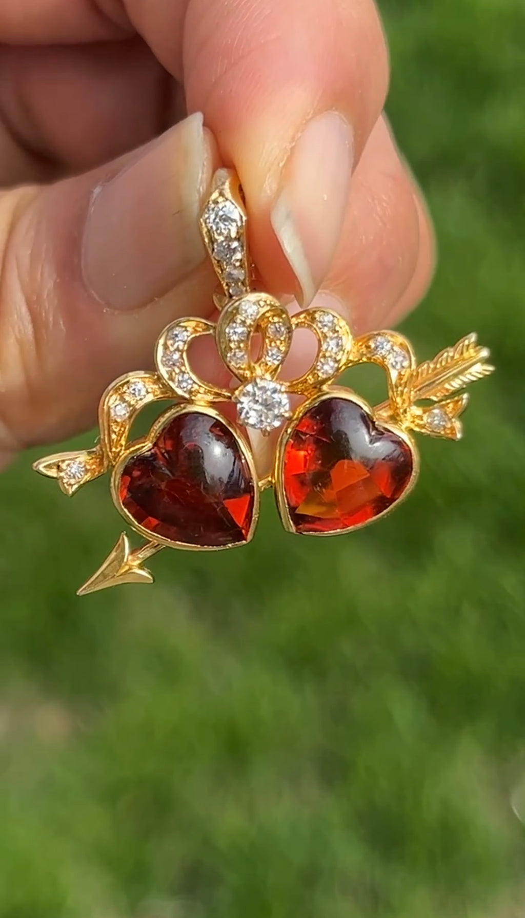 Antique 18K Yellow Gold Two Heart Citrine Diamond Pendant