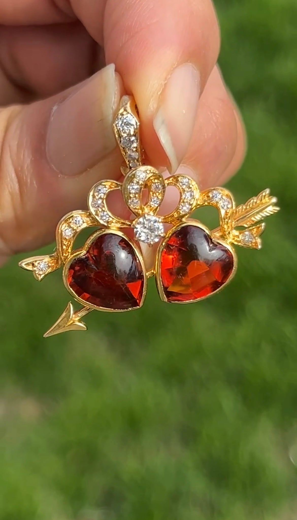 Antique 18K Yellow Gold Two Heart Citrine Diamond Pendant
