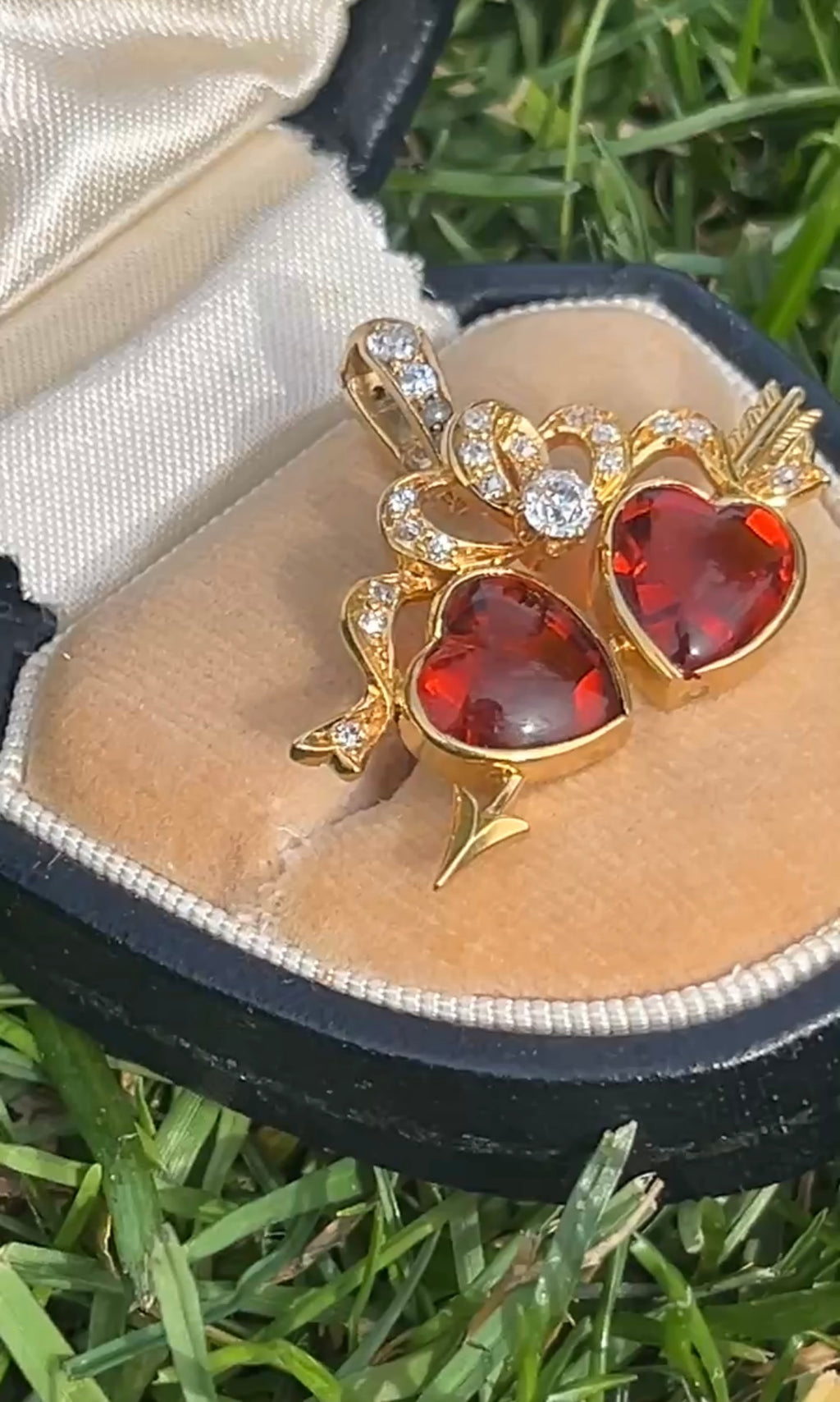 Antique 18K Yellow Gold Two Heart Citrine Diamond Pendant