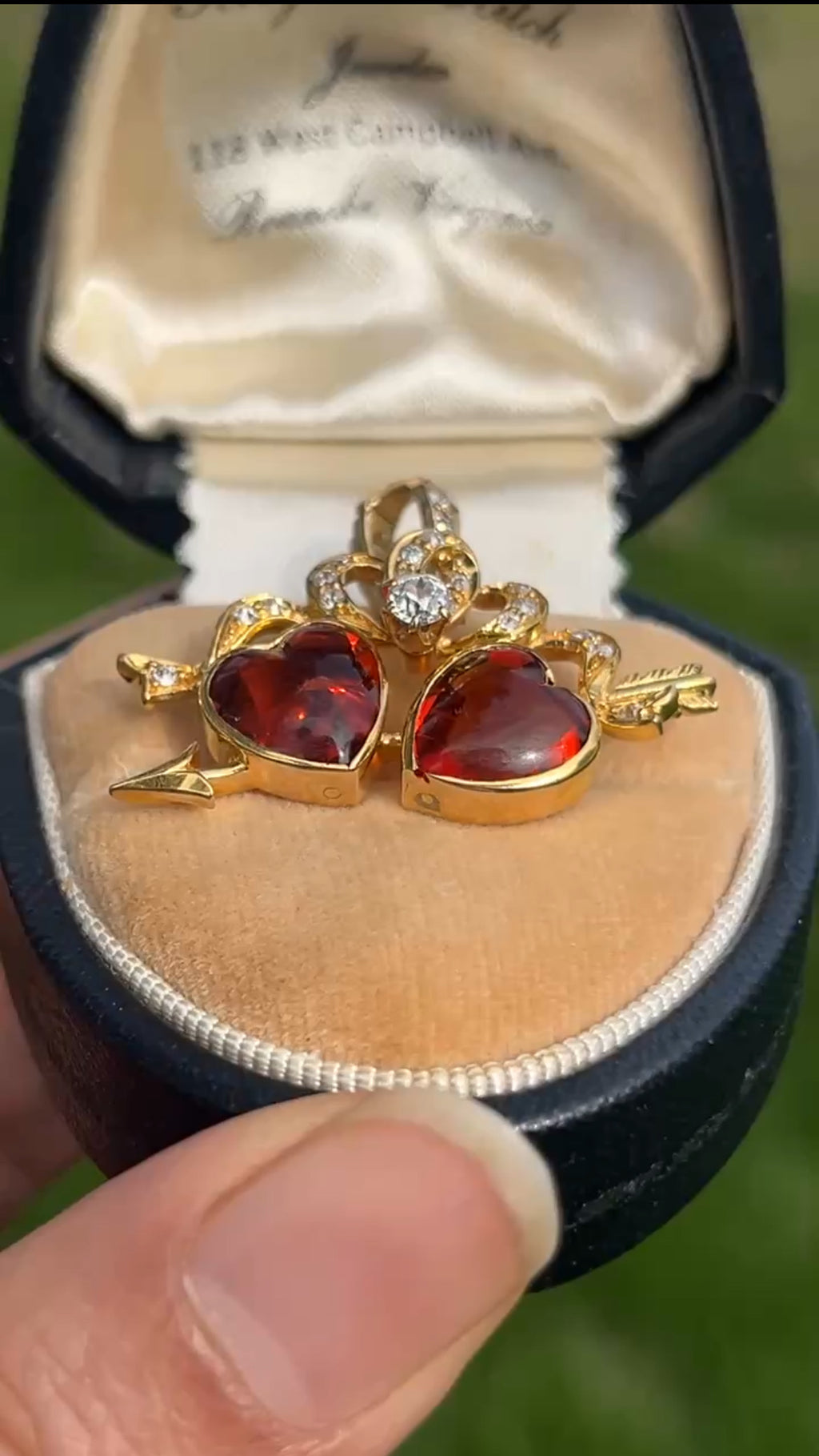 Antique 18K Yellow Gold Two Heart Citrine Diamond Pendant