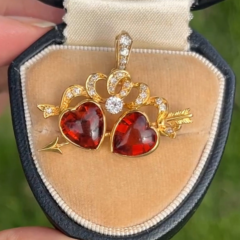 Antique 18K Yellow Gold Two Heart Citrine Diamond Pendant
