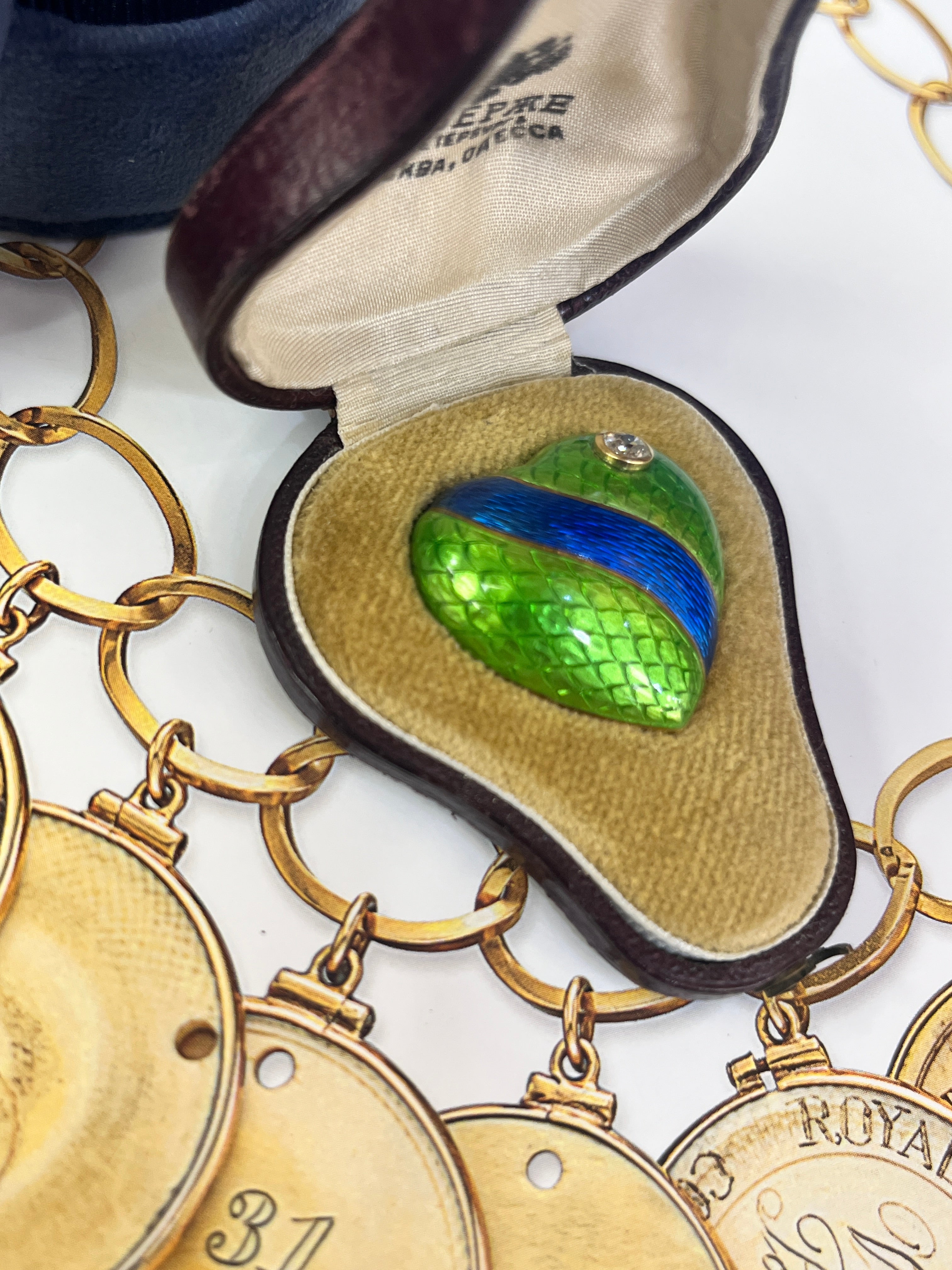 1930’s Faberge Russian Diamond Green Enamel Heart Brooch