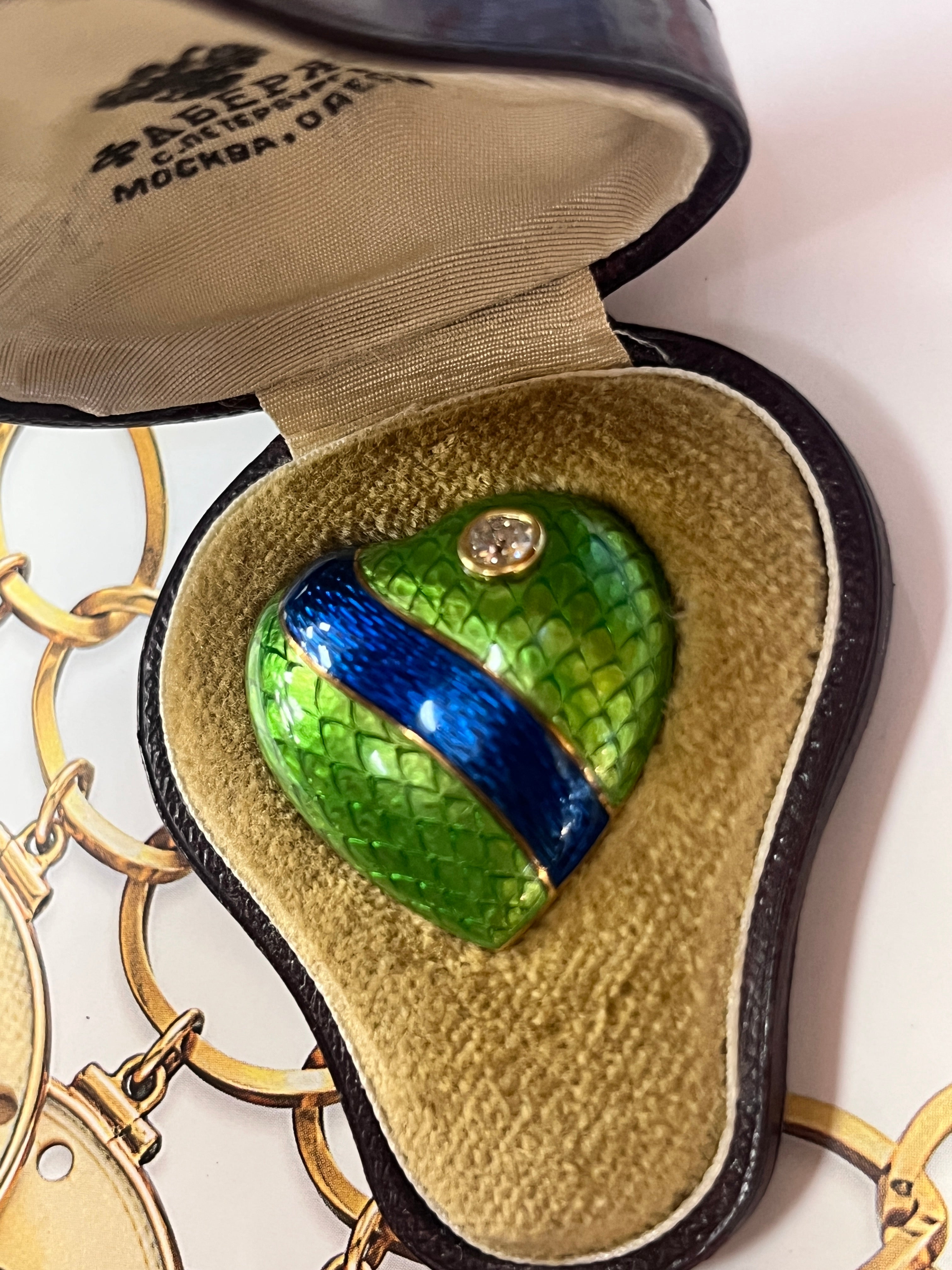 1930’s Faberge Russian Diamond Green Enamel Heart Brooch
