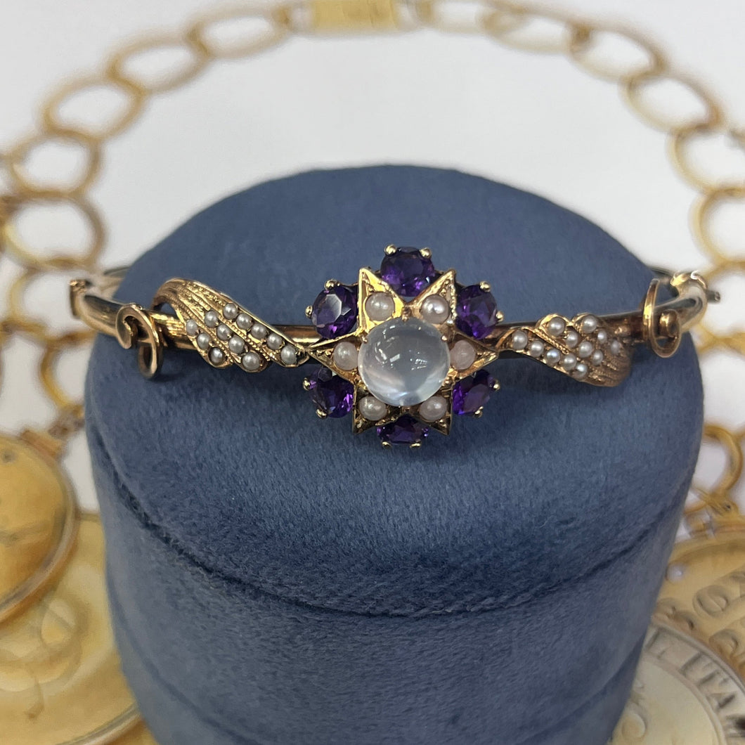 Vintage 10K Yellow Gold Star MoonStone, Amethyst And Pearl Bangle