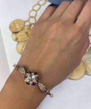 Load image into Gallery viewer, Vintage 10K Yellow Gold Star MoonStone, Amethyst And Pearl Bangle
