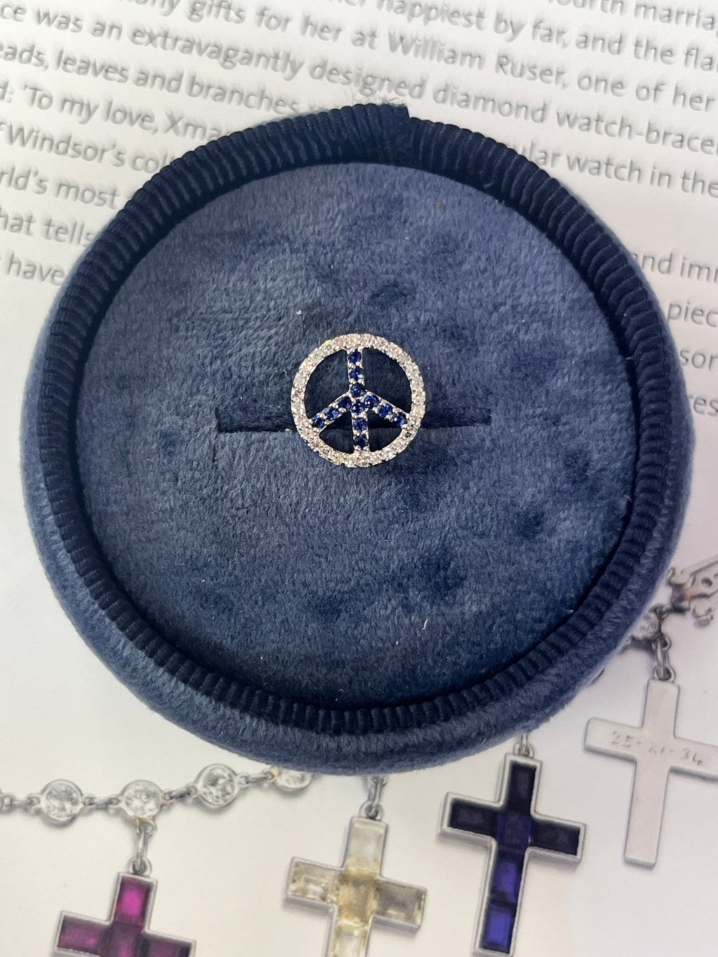 Vintage 14K White Gold Sapphire & Diamond “ Peace“ Charm