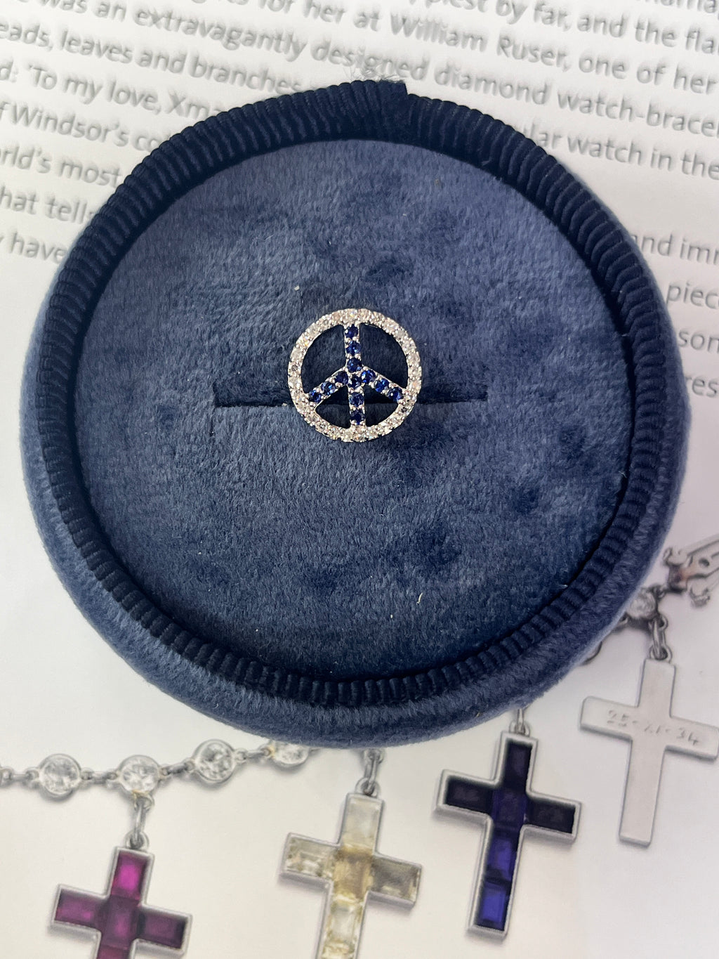 Vintage 14K White Gold Sapphire & Diamond “ Peace“ Charm