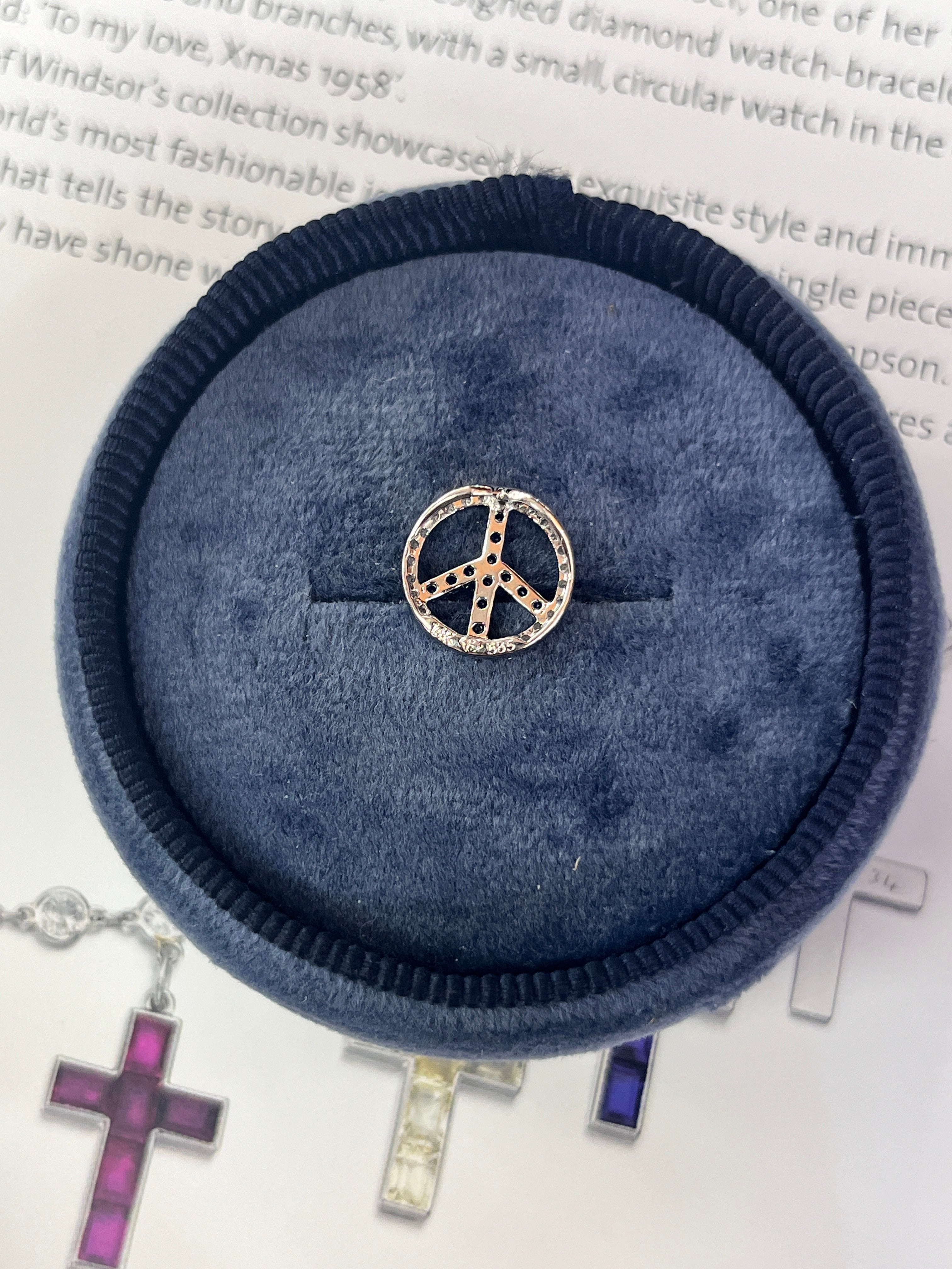 Vintage 14K White Gold Sapphire & Diamond “ Peace“ Charm