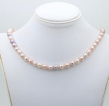 Load image into Gallery viewer, Vintage Pink &amp; Purple Cultured Pearl 14K Yellow Gold Clasp Long  string  Necklace.
