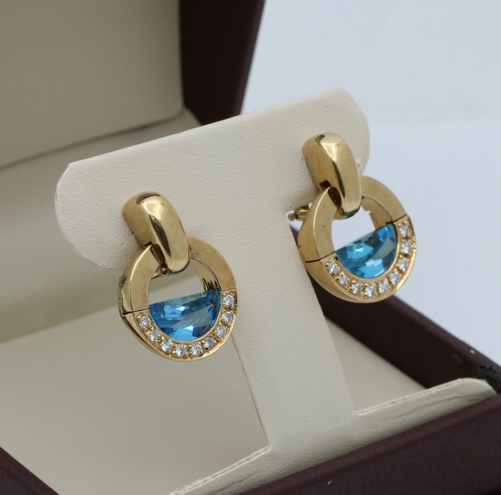 Vintage Movado 1980’s Style Rudius 18K Yellow Gold Blue Topaz & Diamond Earrings.