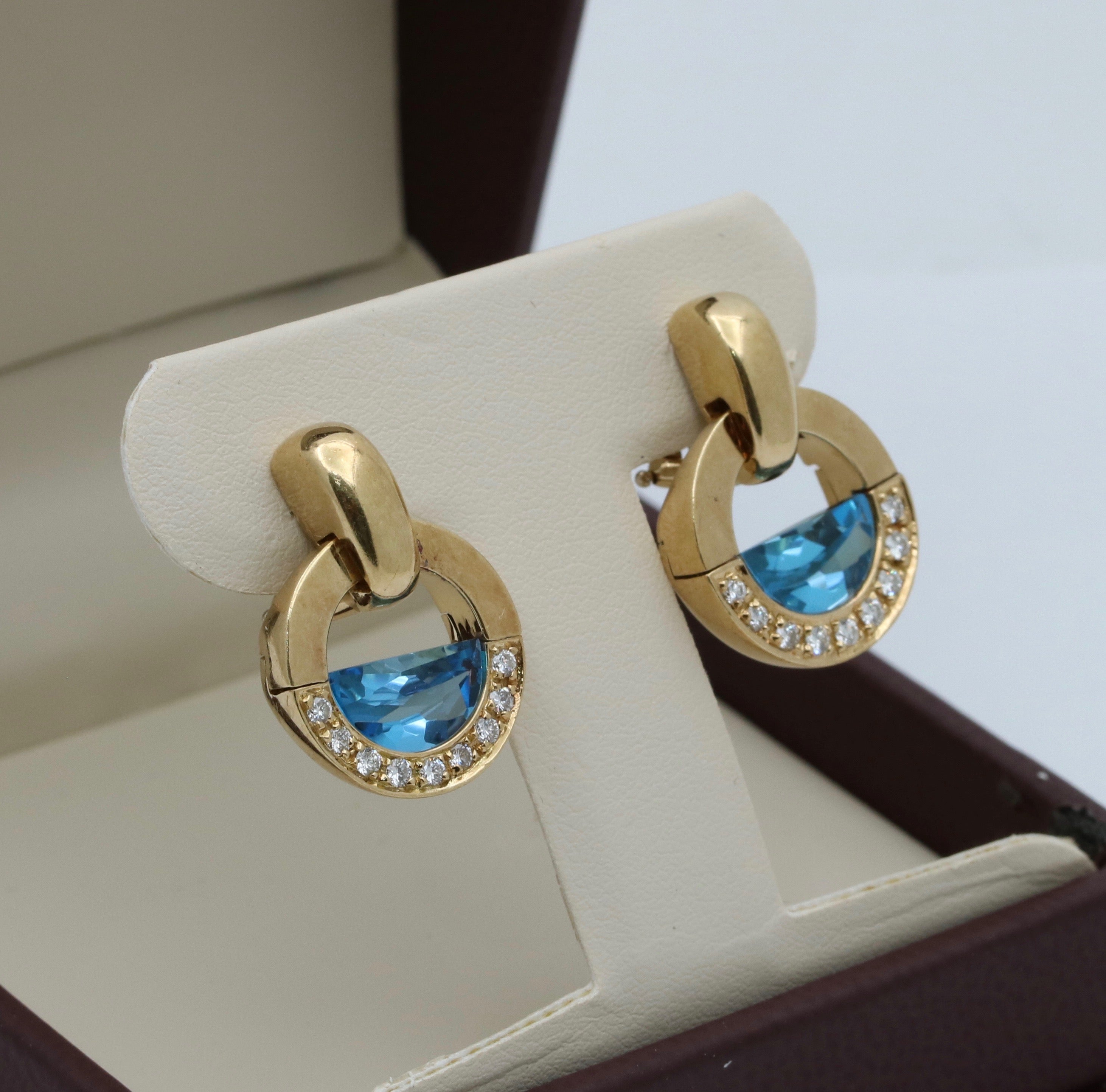 Vintage Movado 1980’s Style Rudius 18K Yellow Gold Blue Topaz & Diamond Earrings.