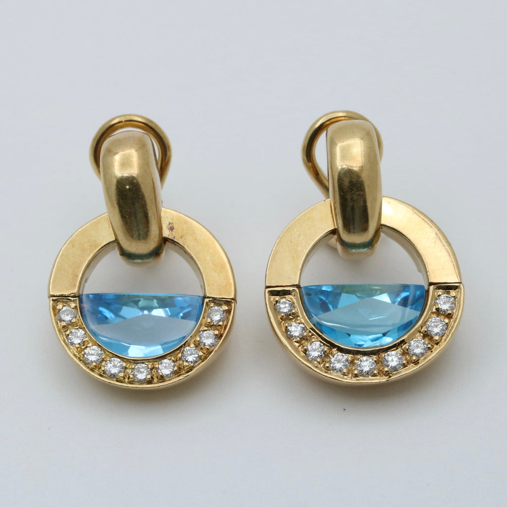 Vintage Movado 1980’s Style Rudius 18K Yellow Gold Blue Topaz & Diamond Earrings.