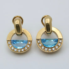 Load image into Gallery viewer, Vintage Movado 1980’s Style Rudius 18K Yellow Gold Blue Topaz &amp; Diamond Earrings.
