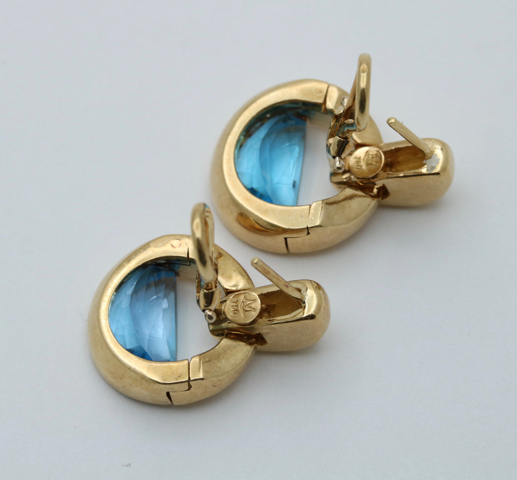 Vintage Movado 1980’s Style Rudius 18K Yellow Gold Blue Topaz & Diamond Earrings.