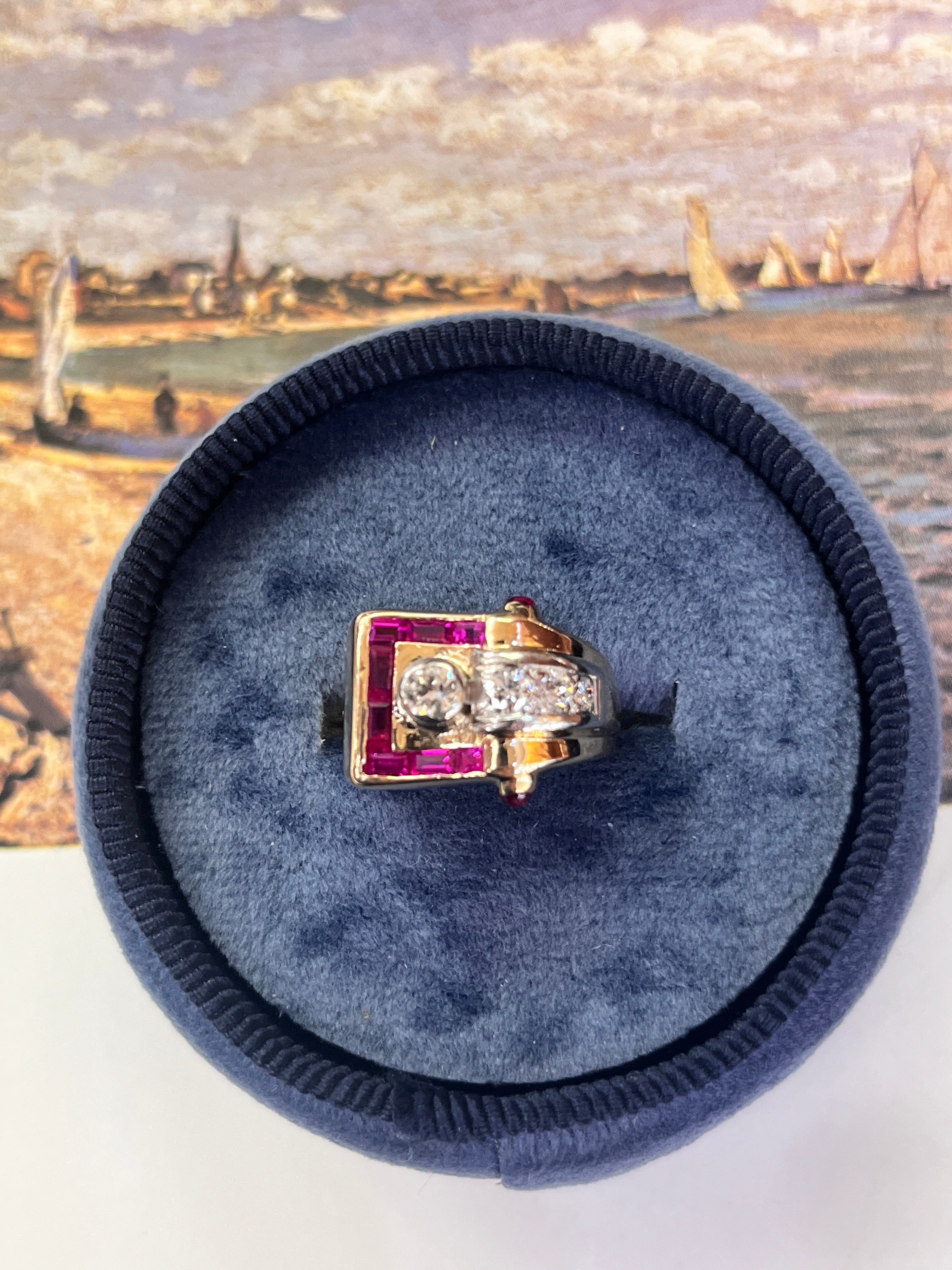 Vintage Retro 1940’s Diamond & Ruby Buckle Ring