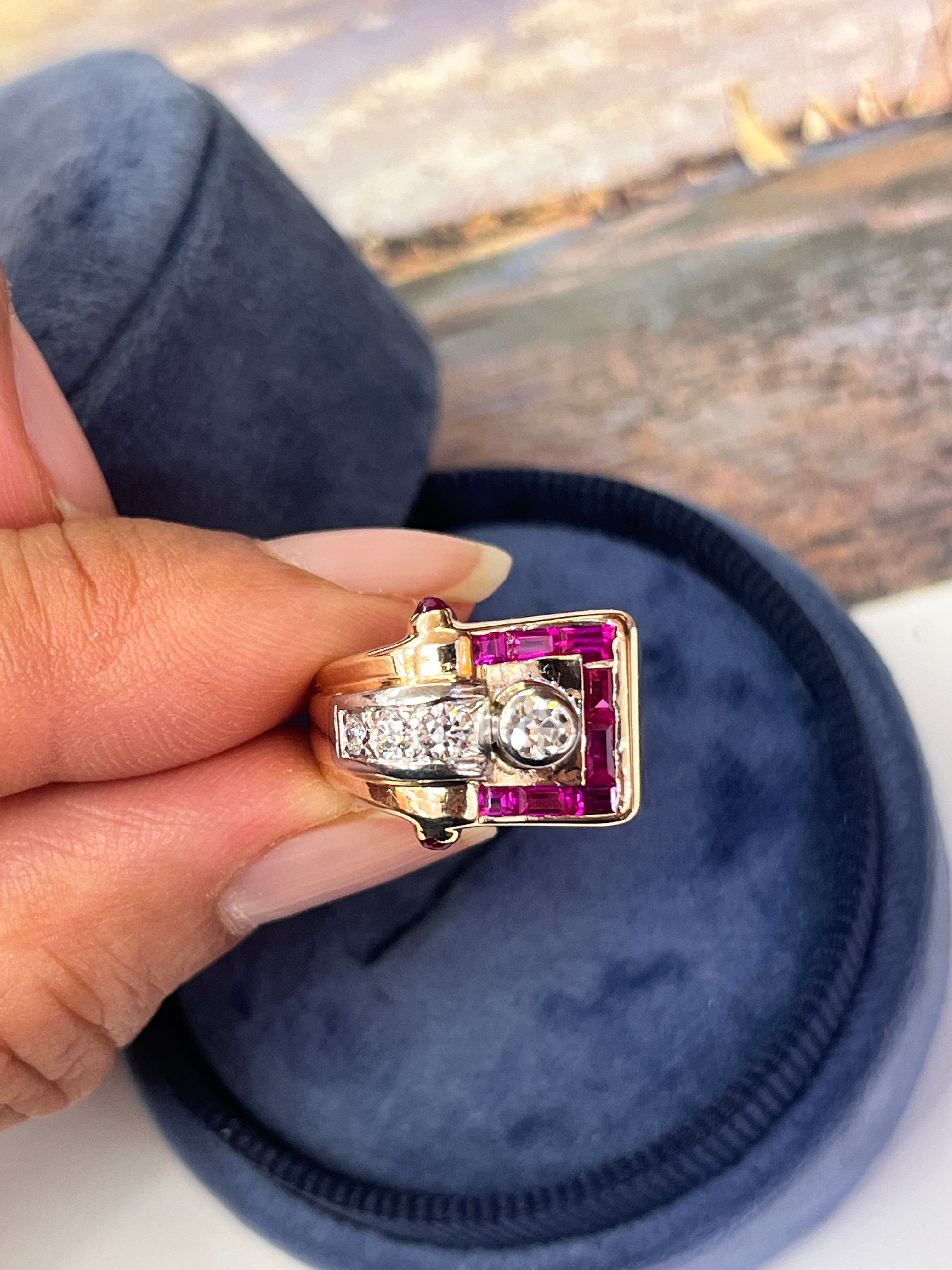 Vintage Retro 1940’s Diamond & Ruby Buckle Ring