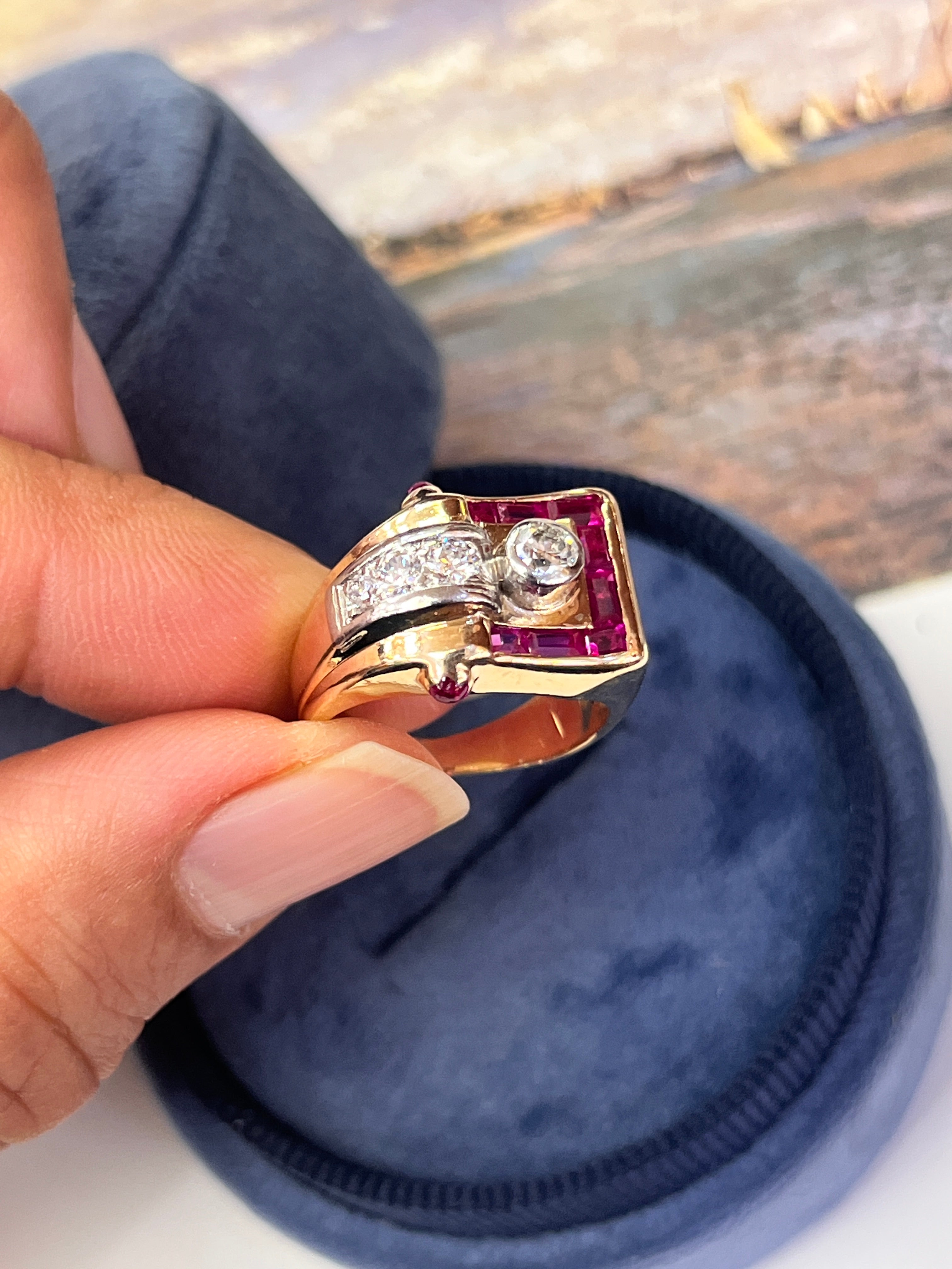 Vintage Retro 1940’s Diamond & Ruby Buckle Ring
