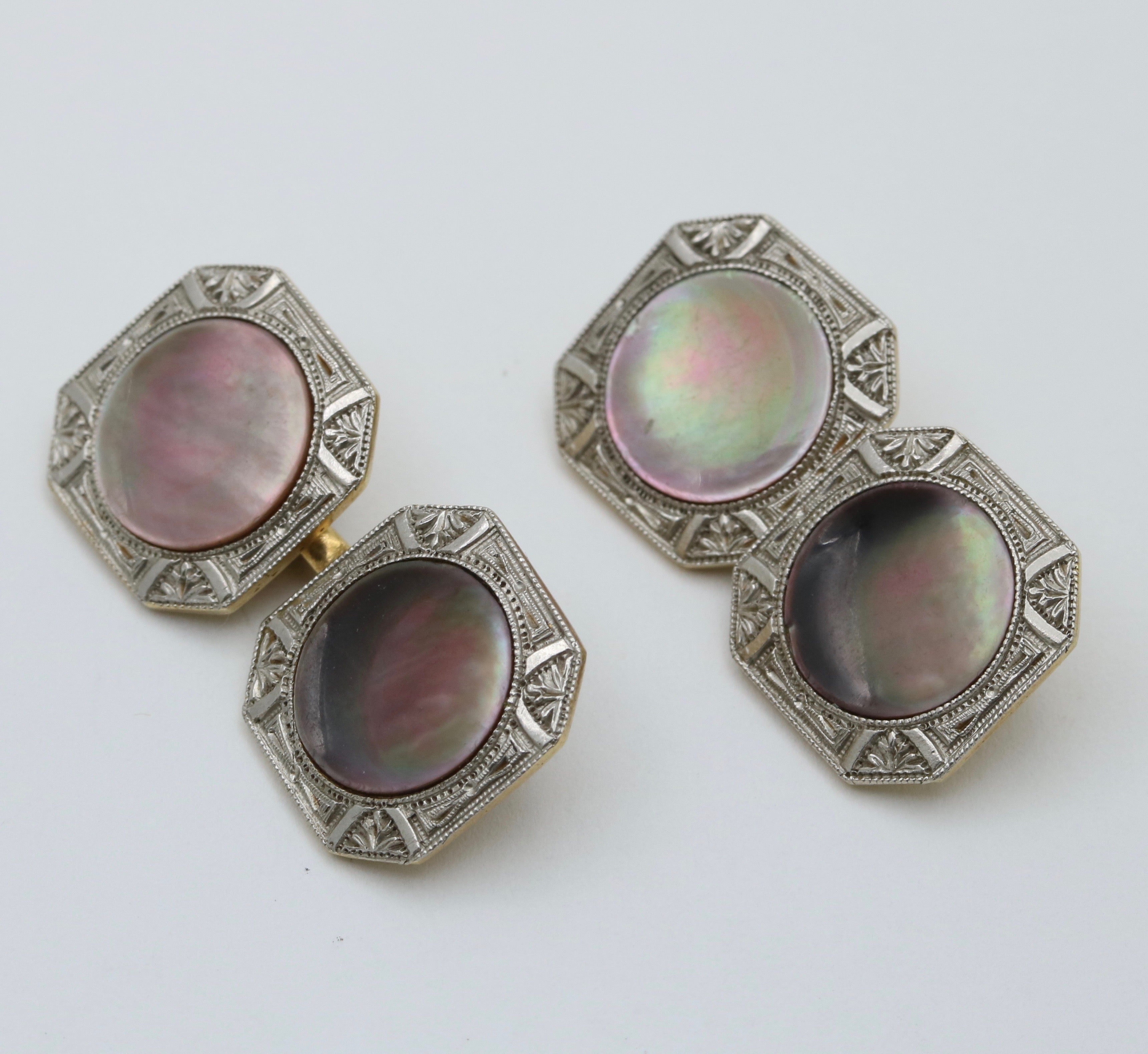 Art Deco 14K Two Tone Gold Mother Of Pearl Cufflinks