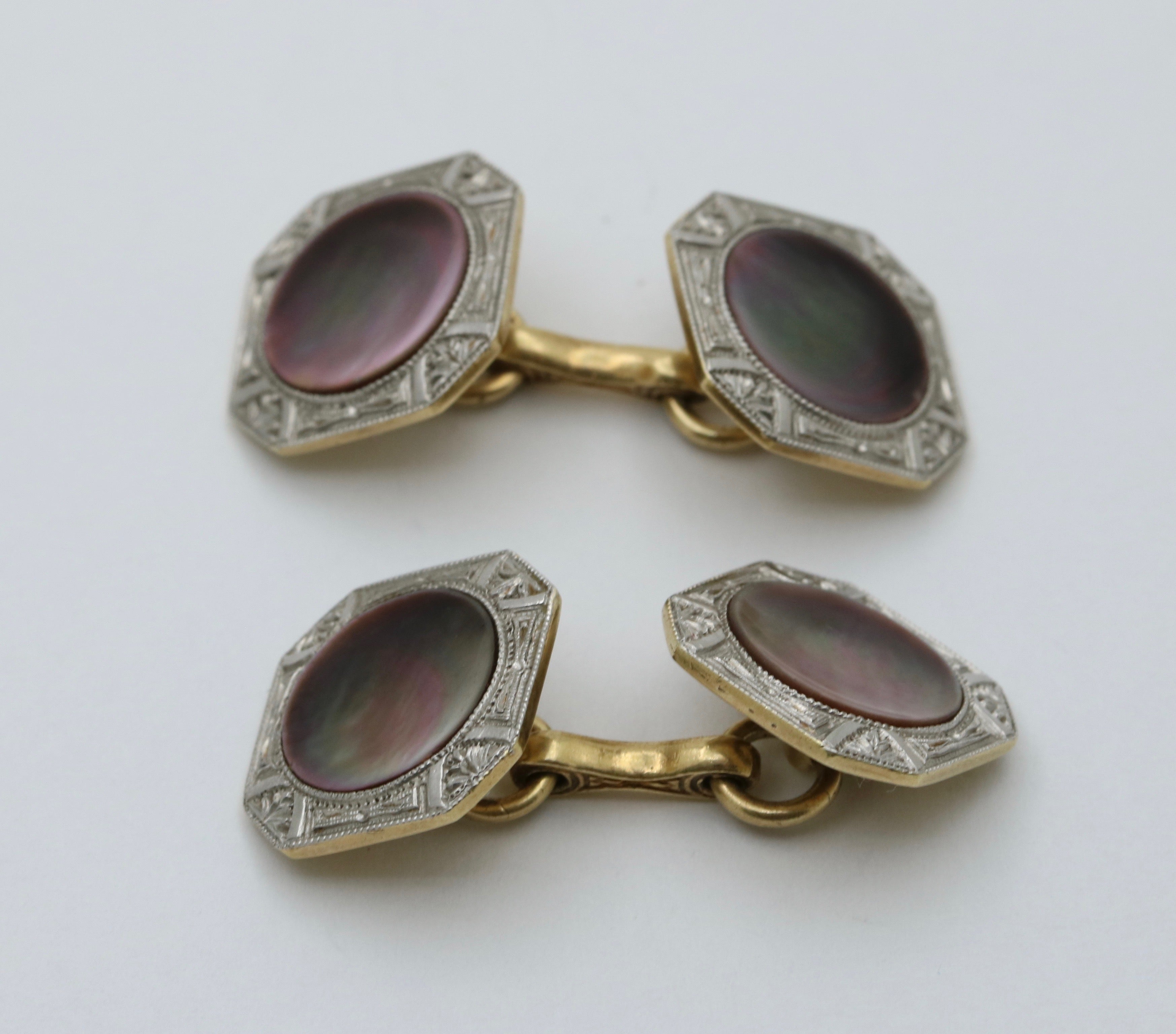 Art Deco 14K Two Tone Gold Mother Of Pearl Cufflinks