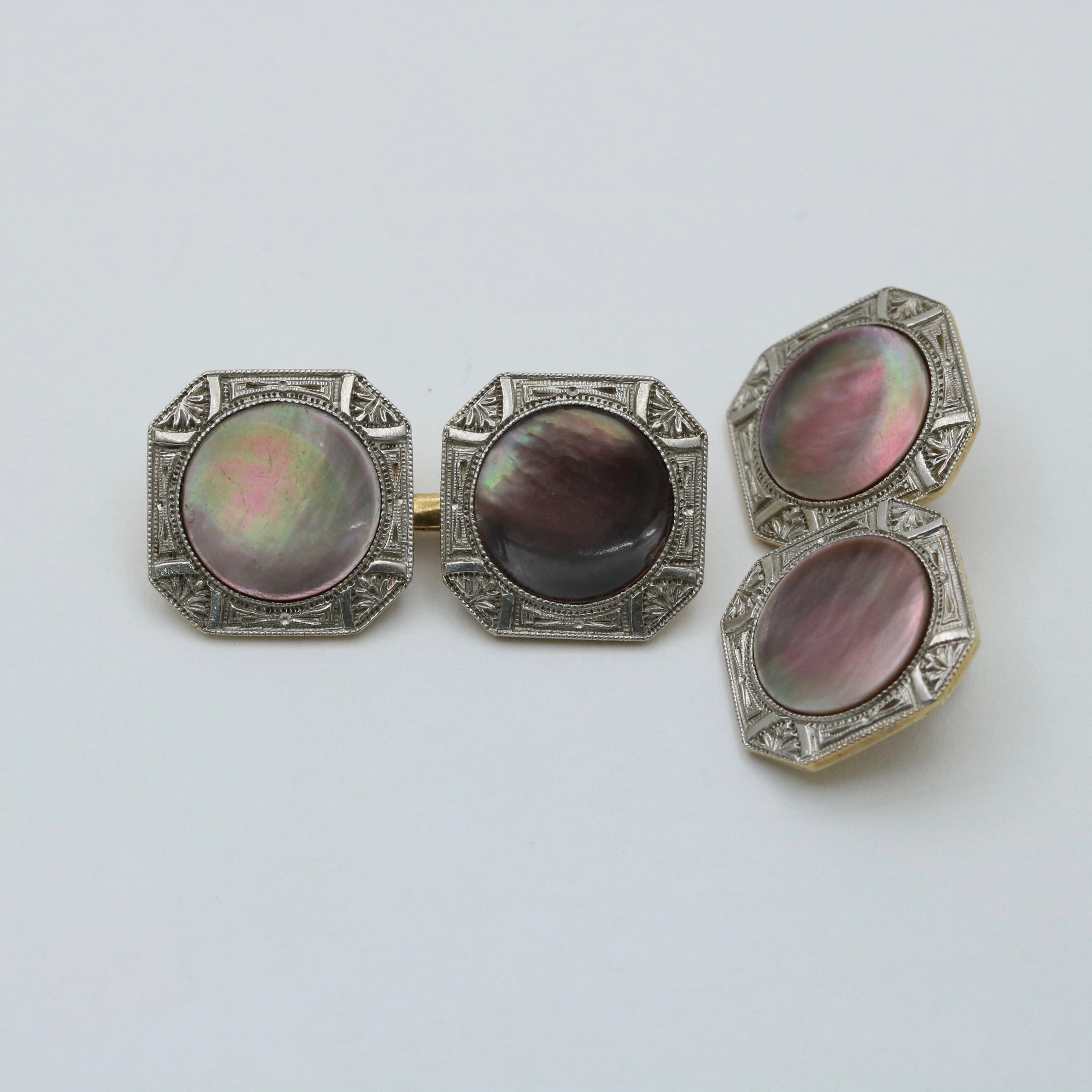 Art Deco 14K Two Tone Gold Mother Of Pearl Cufflinks