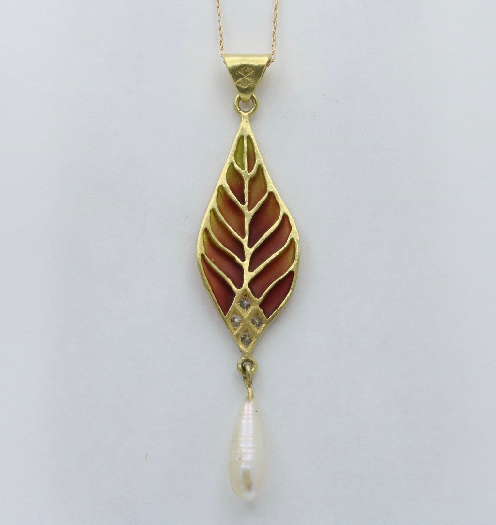 Vintage 18K Yellow Gold Plique A Jour Pearl Diamond Leaf Pendant