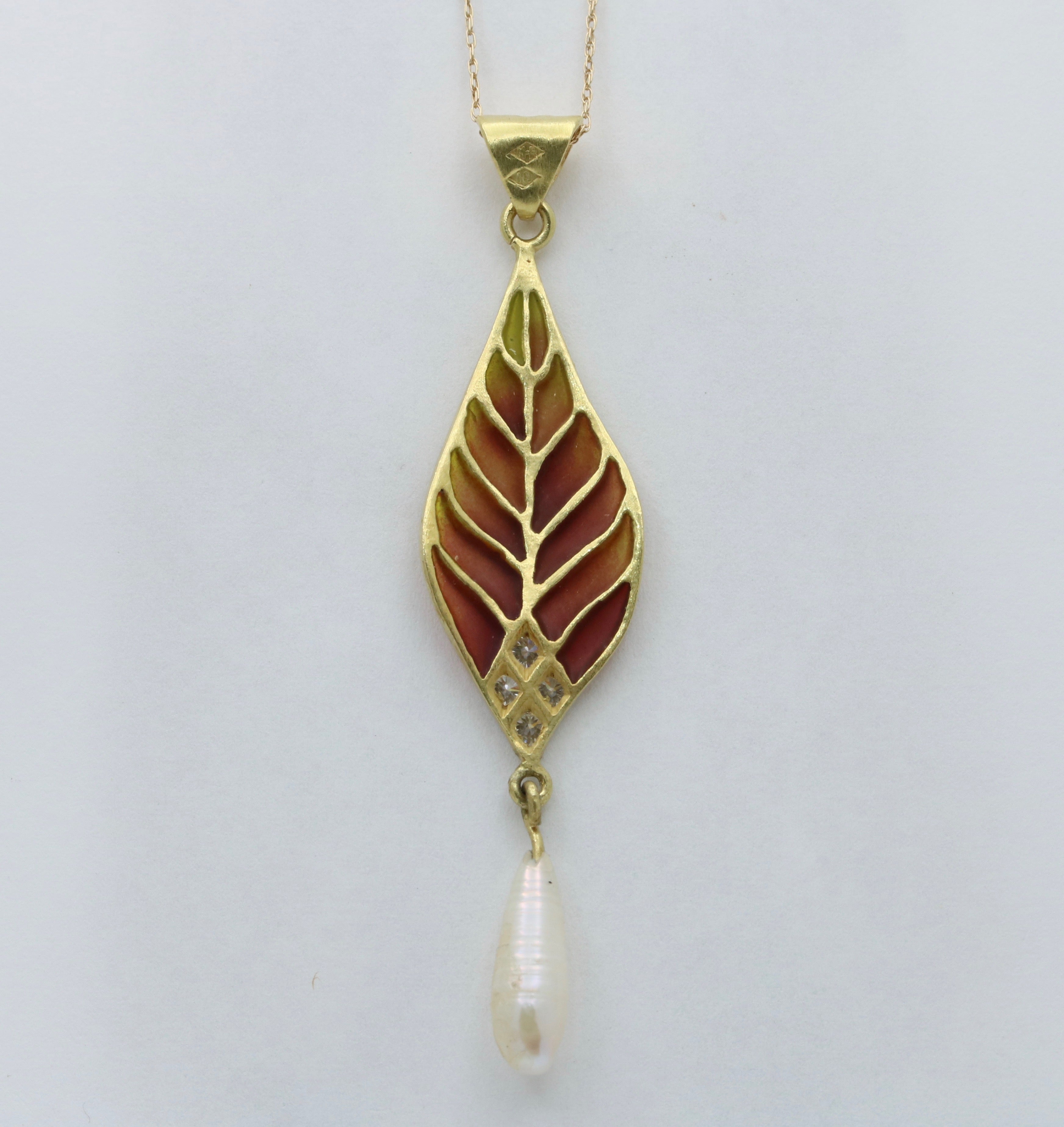 Vintage 18K Yellow Gold Plique A Jour Pearl Diamond Leaf Pendant