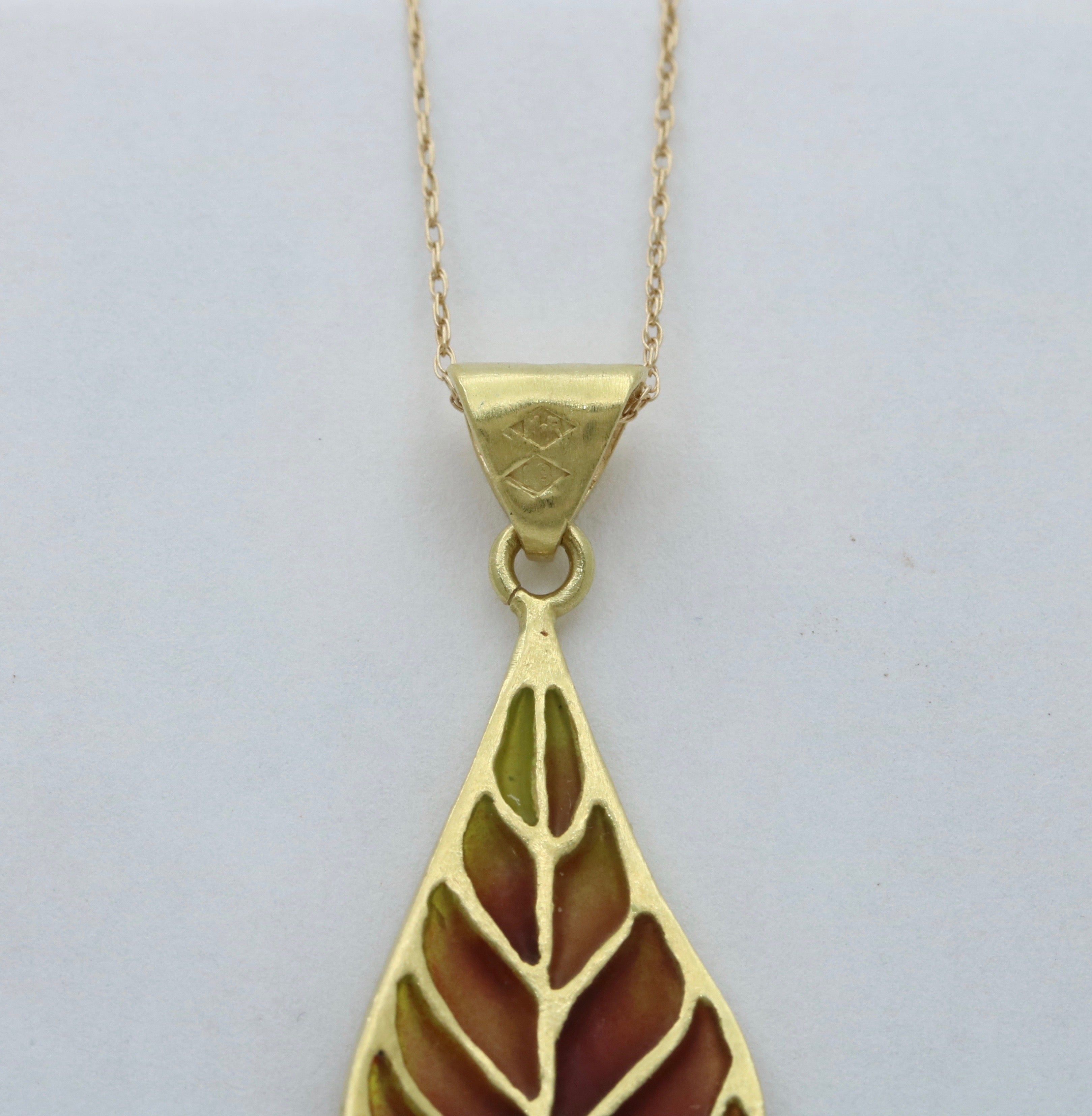 Vintage 18K Yellow Gold Plique A Jour Pearl Diamond Leaf Pendant