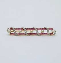 Load image into Gallery viewer, Vintage French 18K Yellow Gold &amp; Platinum Ruby, Diamond and Pearl Bar Pin
