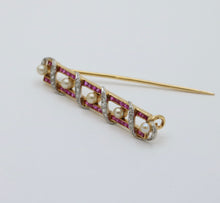 Load image into Gallery viewer, Vintage French 18K Yellow Gold &amp; Platinum Ruby, Diamond and Pearl Bar Pin
