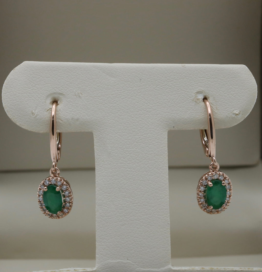 Vintage 14K Rose Gold Emerald & Diamond Dangling Earrings