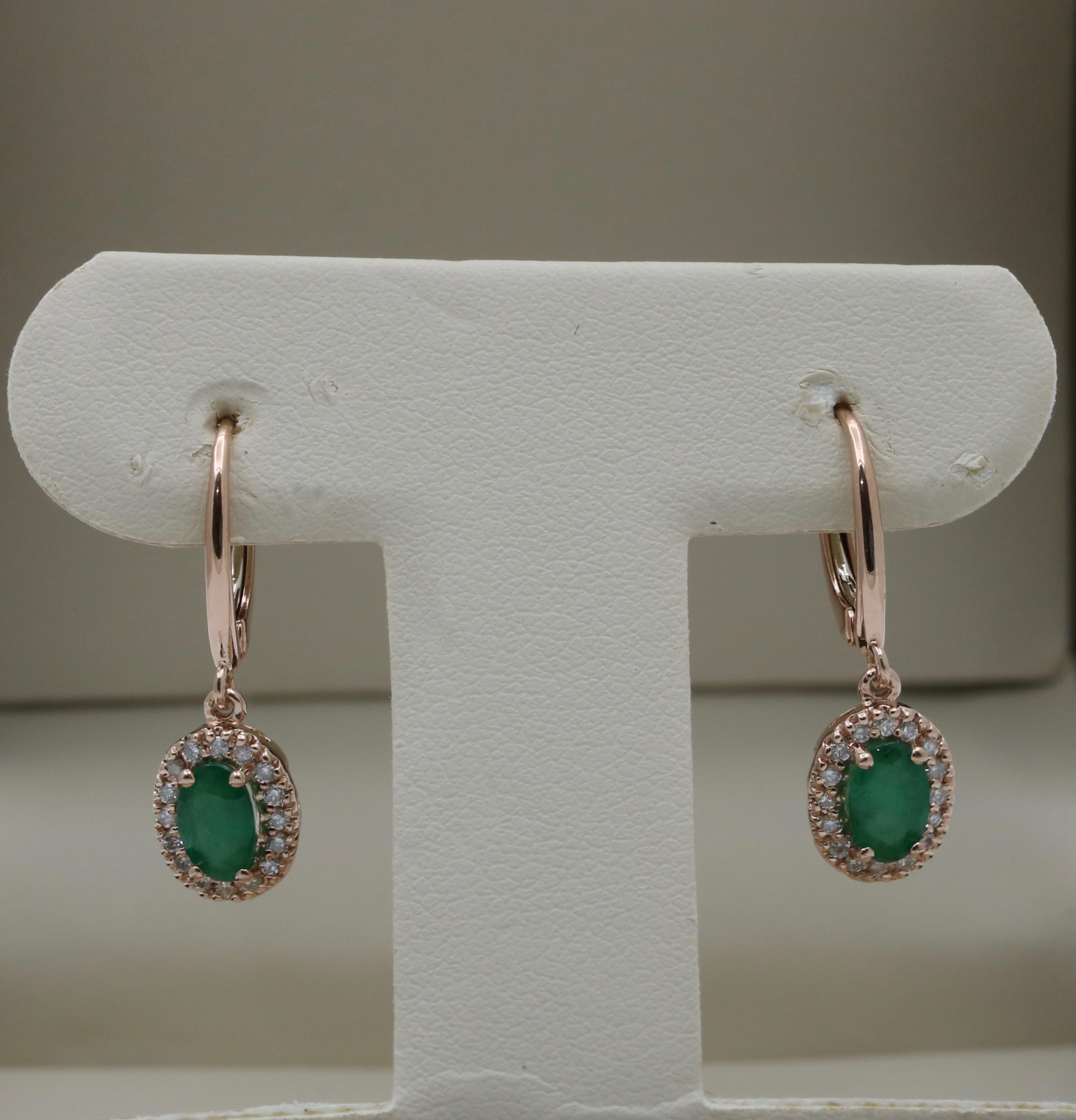 Vintage 14K Rose Gold Emerald & Diamond Dangling Earrings