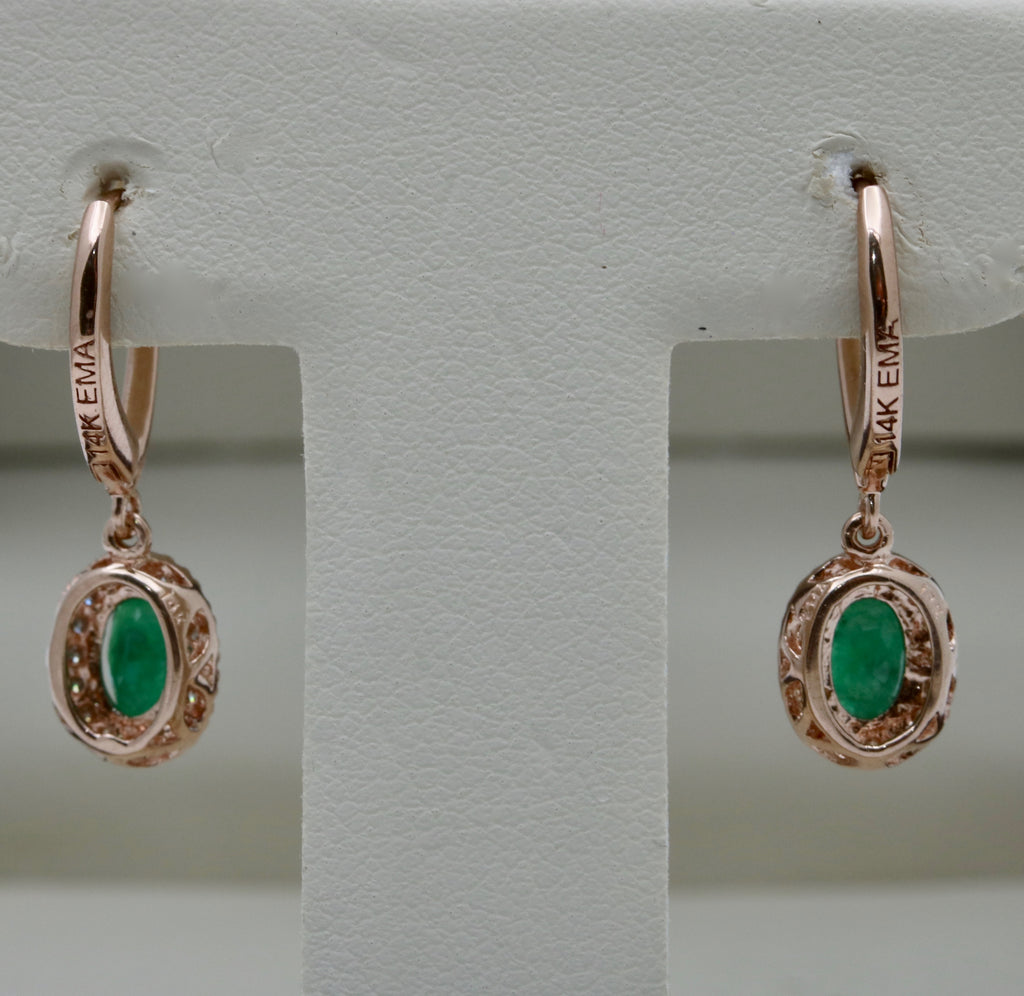 Vintage 14K Rose Gold Emerald & Diamond Dangling Earrings
