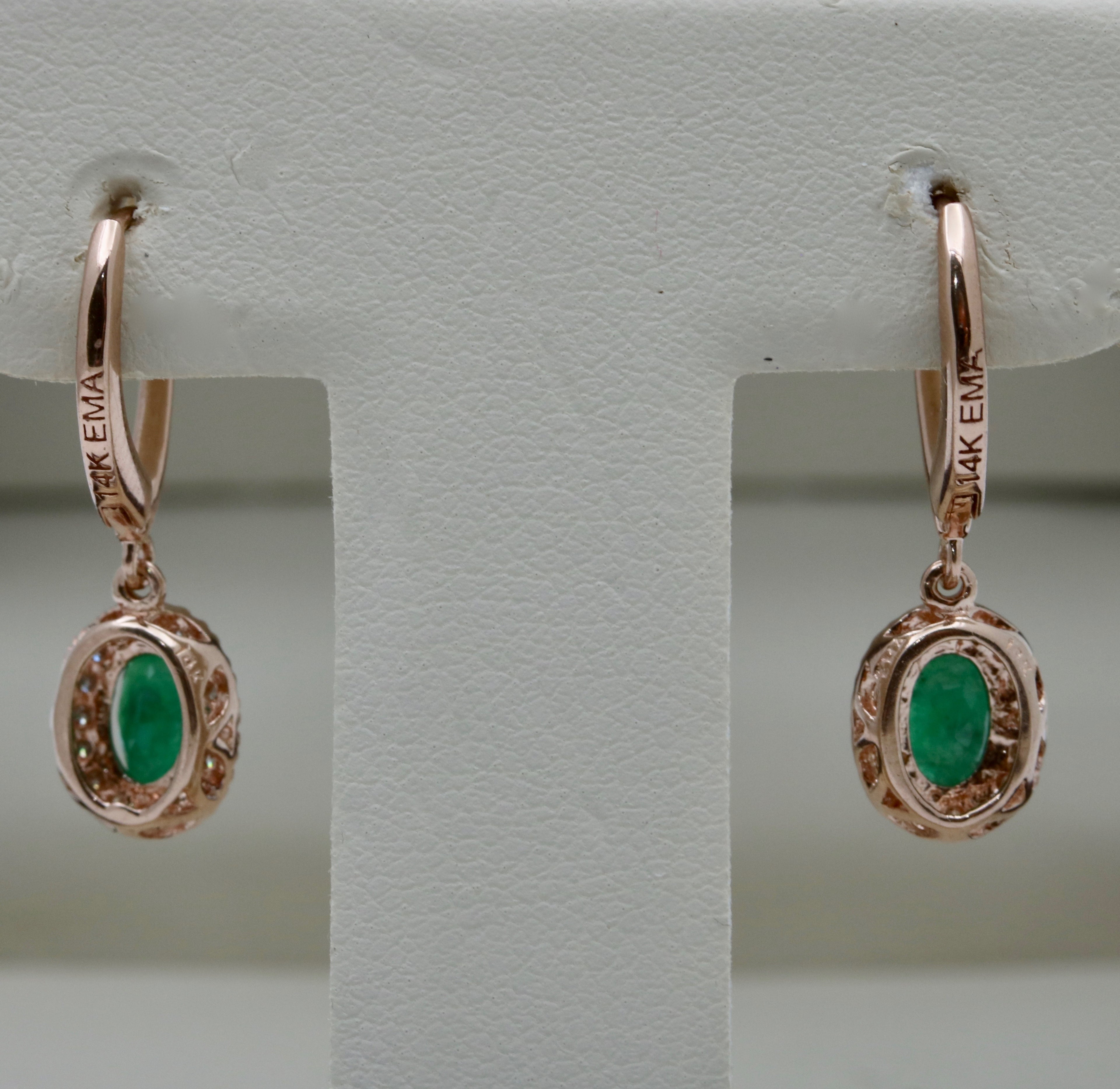 Vintage 14K Rose Gold Emerald & Diamond Dangling Earrings