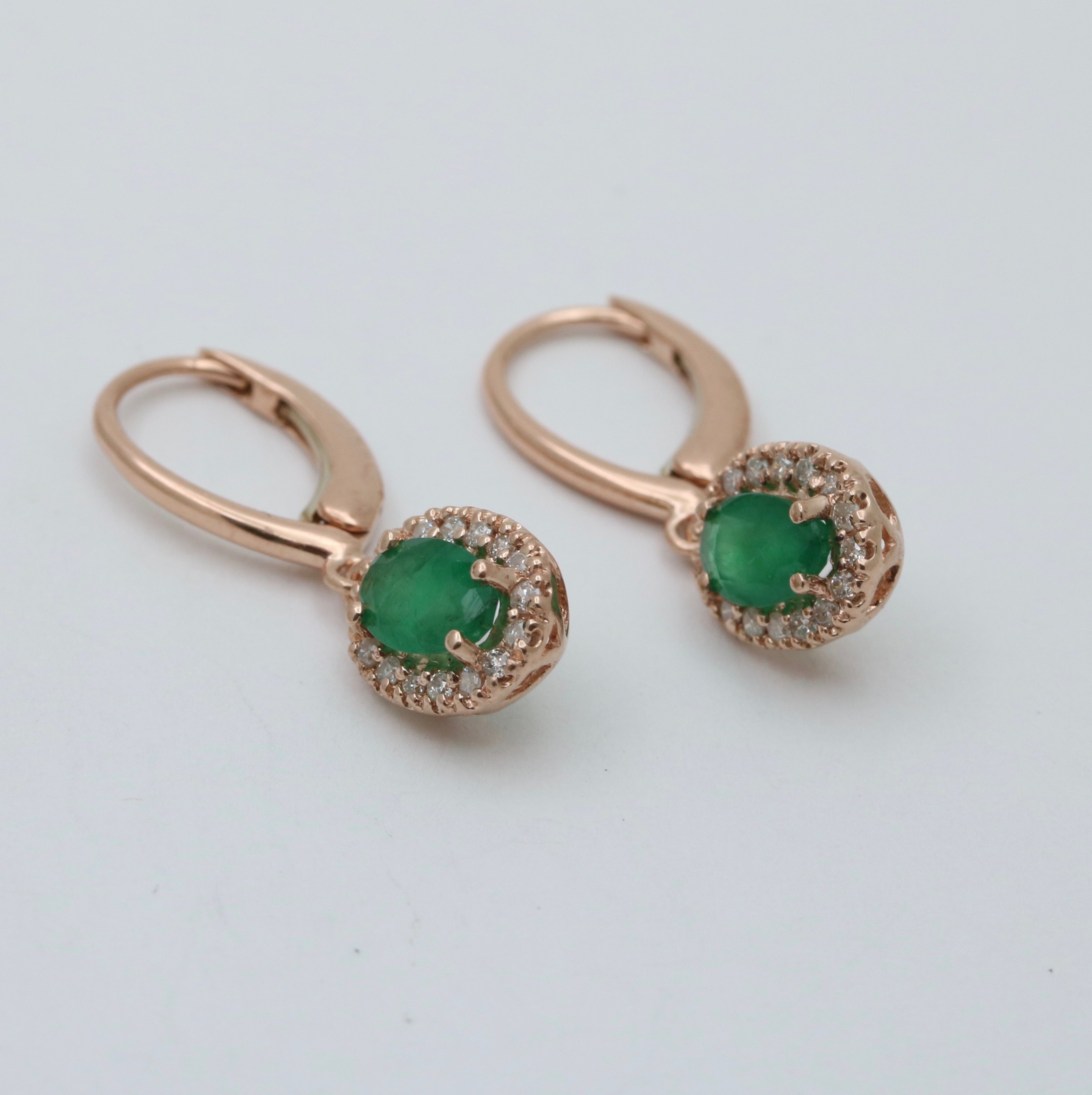 Vintage 14K Rose Gold Emerald & Diamond Dangling Earrings