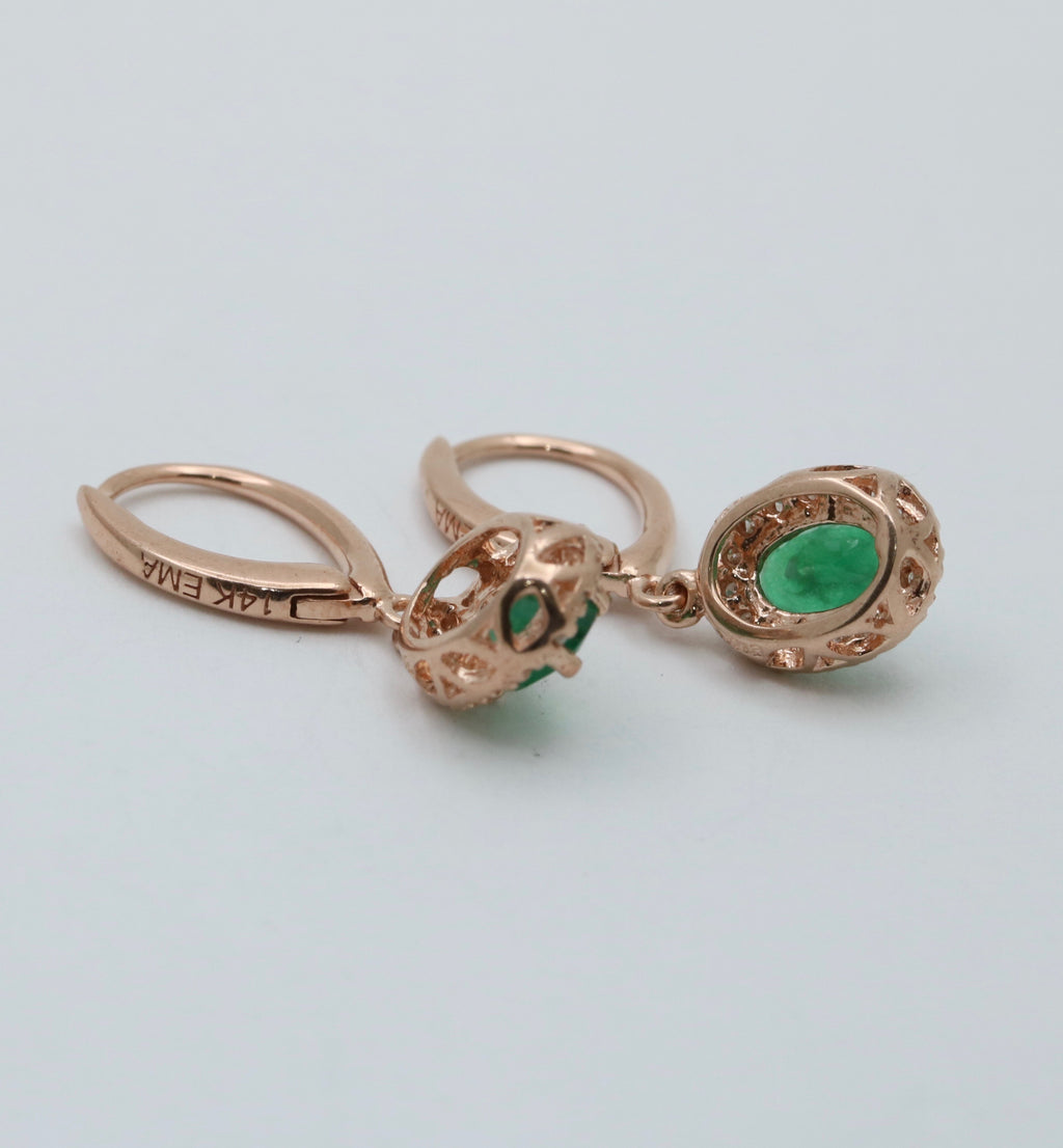 Vintage 14K Rose Gold Emerald & Diamond Dangling Earrings