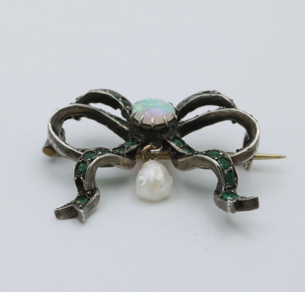 Antique Silver Emerald, Australian Opal And Pearl Brooch.