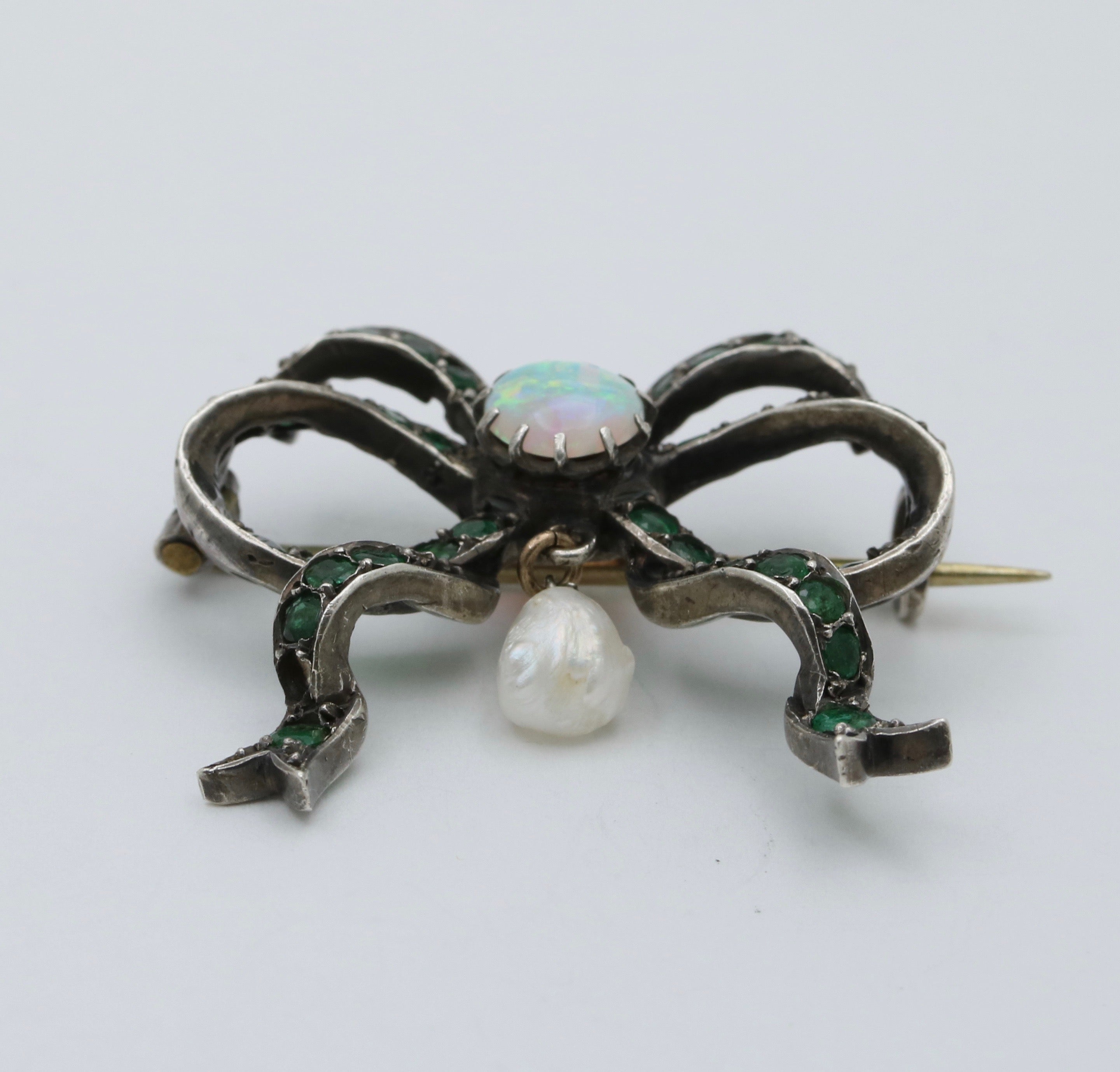 Antique Silver Emerald, Australian Opal And Pearl Brooch.