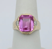 Load image into Gallery viewer, Vintage 14K Yellow Gold Vivid Pink Emerald Cut Bezel Set Ring
