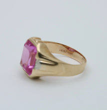 Load image into Gallery viewer, Vintage 14K Yellow Gold Vivid Pink Emerald Cut Bezel Set Ring
