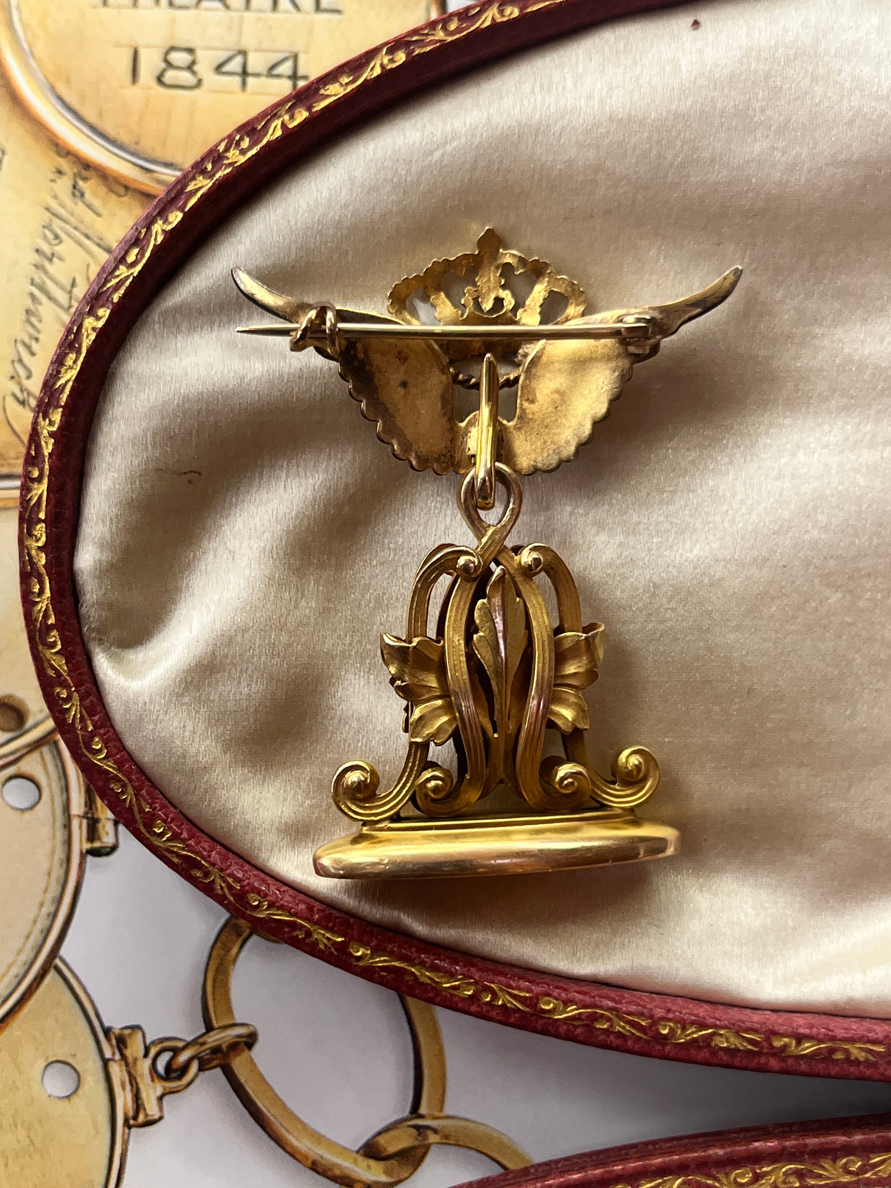 Antique Victorian Opened  Wing Crown 14K Yellow Gold Watch Fob Pendant Brooch