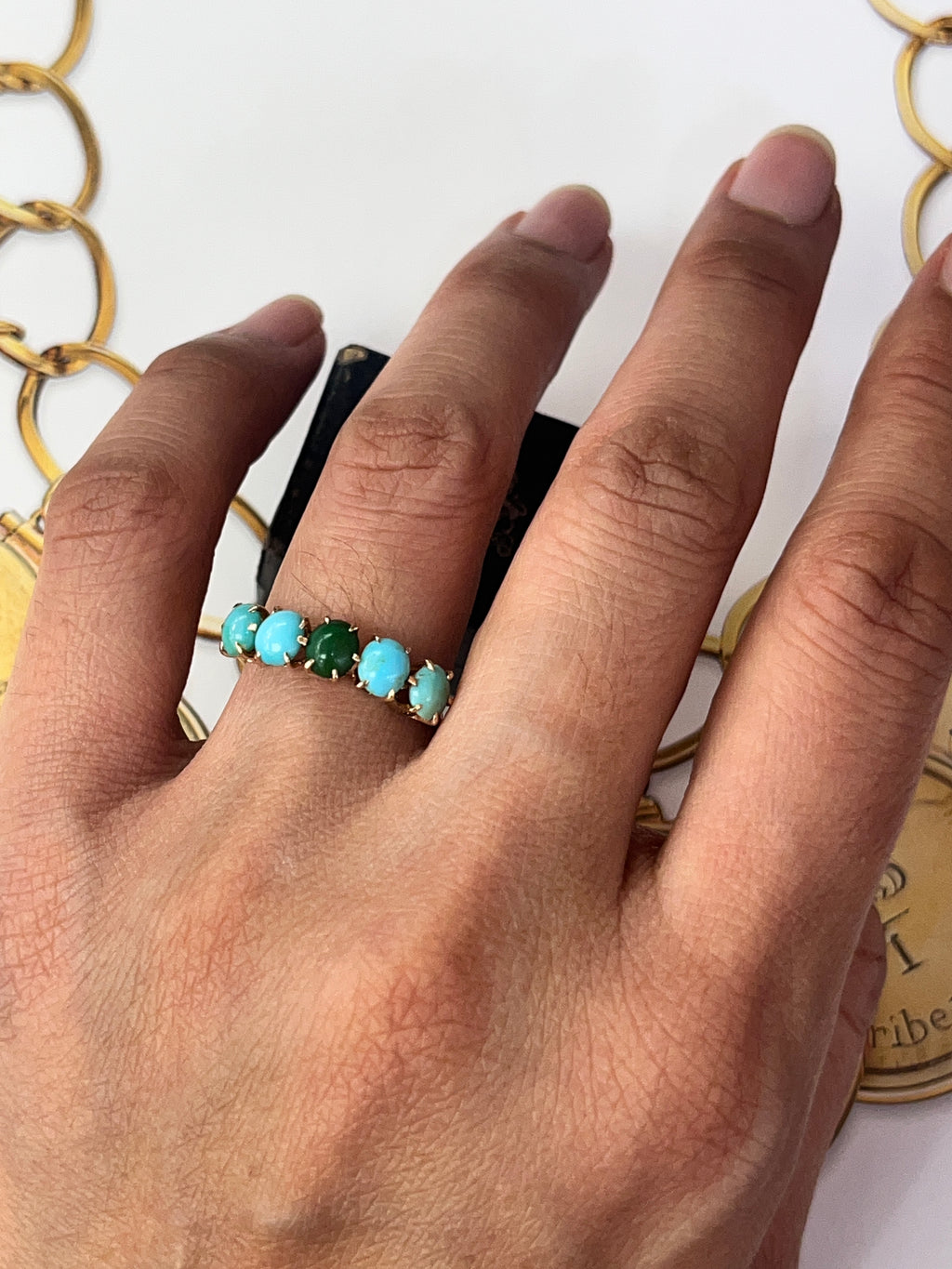 Vintage 14K Yellow Gold  Turquoise 5 stones ring