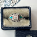 Art Deco Diamond & Emerald Filigree 18K White Gold Ring, Engagement Band