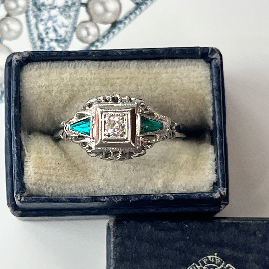 Art Deco Diamond & Emerald Filigree 18K White Gold Ring, Engagement Band.